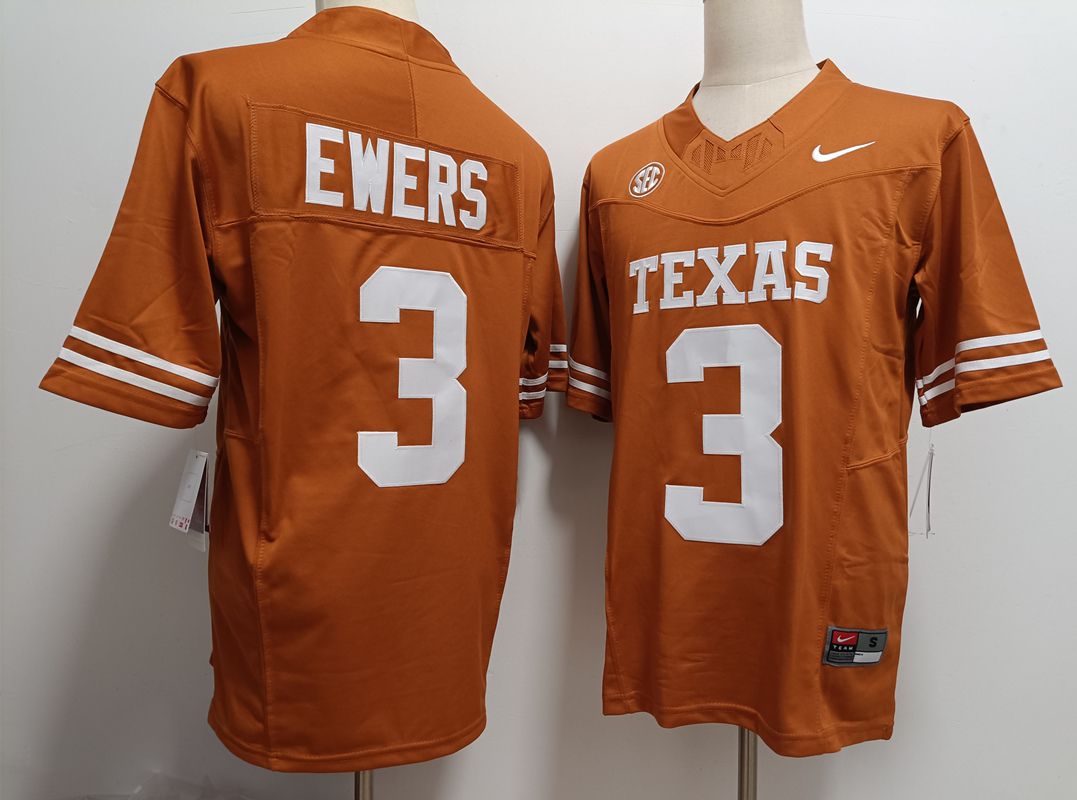 Men Texas Longhorns #3 Ewers Yellow Nike 2025 NCAA Jersey style 1